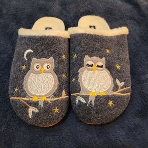 Lands End Blue Wool Owl Embroidered Mule House Slippers Women's Size 8B